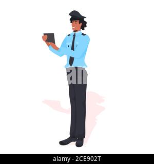 male police officer using tablet pc policeman in uniform security authority justice law service concept full length vector illustration Stock Vector