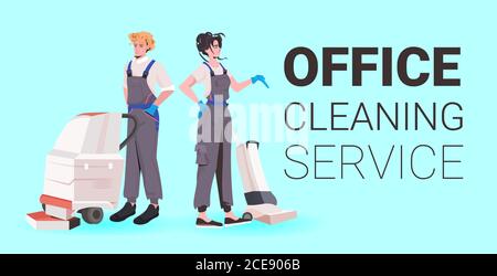 female professional office cleaners women janitors in uniform with cleaning equipment standing together full length copy space horizontal vector illustration Stock Vector