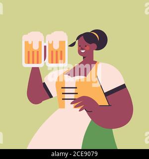 girl waitress holding beer mugs Oktoberfest party celebration concept african american woman in german traditional clothes having fun portrait vector illustration Stock Vector