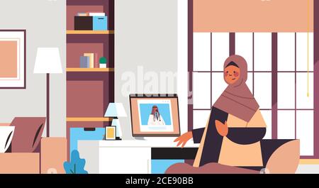 arab doctor on laptop screen consulting arabic female patient online consultation healthcare medicine concept living room interior horizontal portrait vector illustration Stock Vector