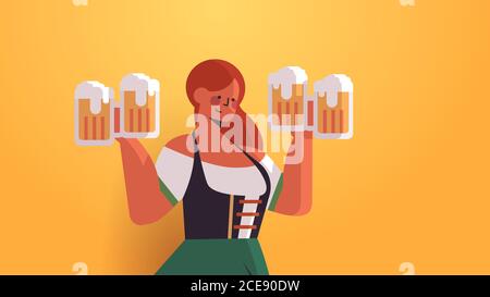 girl waitress holding beer mugs Oktoberfest party celebration concept woman in german traditional clothes having fun portrait horizontal vector illustration Stock Vector