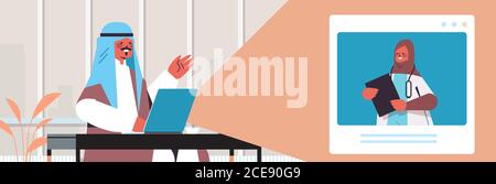 arab doctor on laptop screen consulting arabic male patient online consultation healthcare medicine concept living room interior horizontal portrait vector illustration Stock Vector