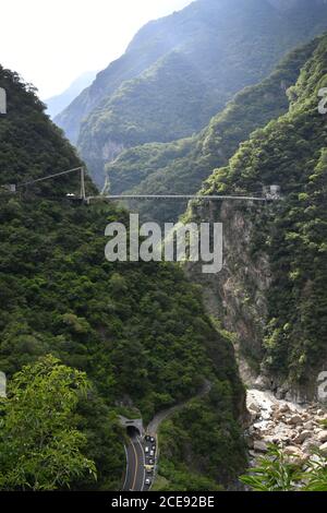 Mountain-Moon Bridge in Taiwan’s Taroko Gorge Stock Photo