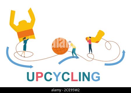 Upcycling vector illustration. People making new sock from old sweater, isolated on white Stock Vector