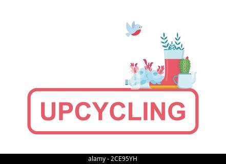Upcycling. Secondary use of plastic bottle, old shoe and teapot as garden pots with plants, vector illustration Stock Vector