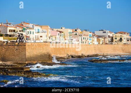 Italy, Sardinia, Alghero, View of ancient city walls and the historical center Stock Photo