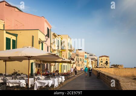 Italy, Sardinia, Alghero, View of ancient city walls and the historical center Stock Photo