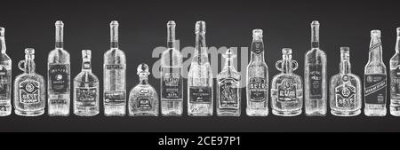 Seamless pattern with hand drawn sketch glasses bottle on chalckboard background Alcoholic drinks Wine, champagne, beer, whiskey, rum, vodka, tequila Stock Vector
