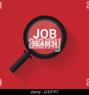 Job search vector illustration with magnifying glass over red background Stock Vector