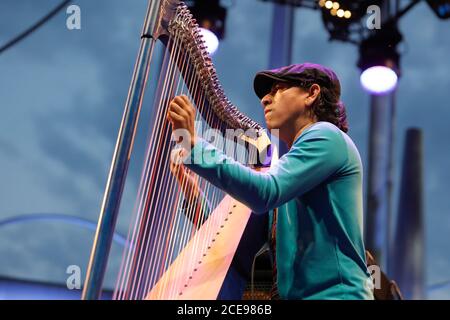 'Jazz a Juan' Jazz Festival in Juan-les-Pins (south-eastern France), on Thursday, July 20, 2017: Hiromi Duo featuring Edmar Castaneda. Harpist Edmar C Stock Photo