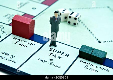 London, UK - July 2, 2011: Model figurine of a businesman standing at Super Tax on the board game monopoly  Model figurine of a businesman standing at Stock Photo