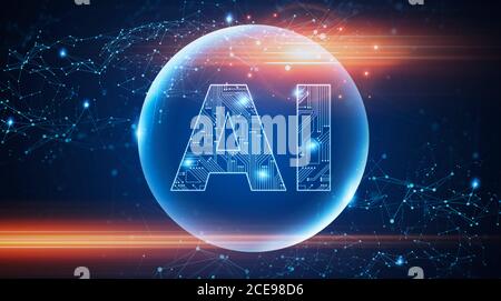 3d illustration For Artificial Intelligence Concept. Creative AI Logo In Circuit Style Over Polygonal Connections Background, Panorama Stock Photo