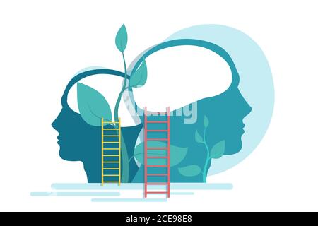 Ecology Illustration, Two Heads Sillhouettes With Plants Inside, White Background Stock Vector