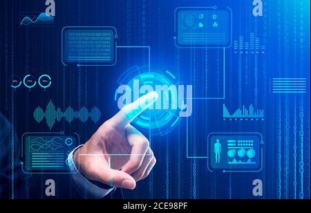 Cropped of businessman using modern software for business automatization, technologies and business, collage Stock Photo