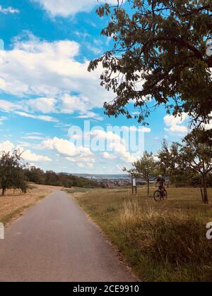 dirt road surrounded by fields Stock Photo