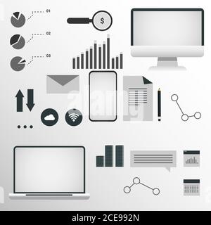 Illustration With Computers, Phone And Web Icons On Gray Background Stock Vector