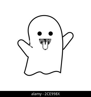 Cute little ghost showing tongue. Funny halloween character. Black outline on white background. Smiling ghost trying to be scary. Thin line icon. Stock Vector
