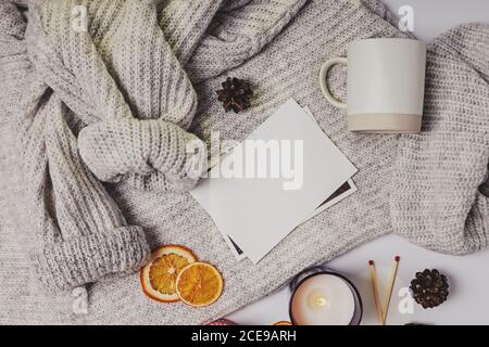 Winter or autumn cozy flat lay composition. Stock Photo