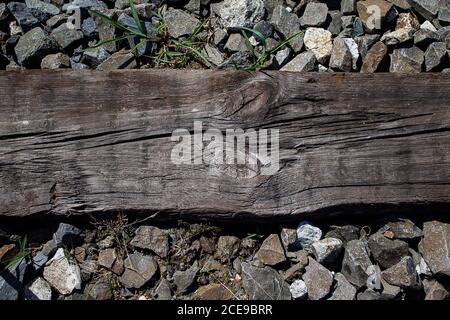 Wooden plank in the track bed. The first green grows slowly. Stock Photo