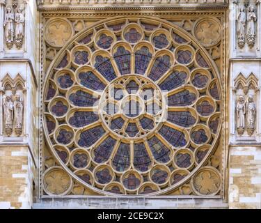 Stained glass window, ornamental exterior detail, Westminster Abbey, London England UK Stock Photo