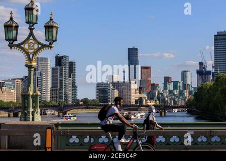 New buildings and apartment blocks in Vauxhall and Nine Elms from Westminster Bridge with the River Thames, London, England, UK Stock Photo