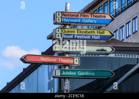Tourist signage and directions to cultural venues, theatres and concert halls in the South Bank, London, England, UK