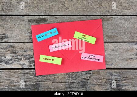 Stop coronavirus words on colorful notes. Top view Stock Photo