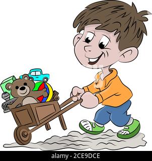 Cartoon boy carrying his toys with a wheel borrow vector illustration Stock Vector