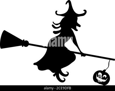 halloween witch flying in broom with pumpkin hanging silhouette vector illustration design Stock Vector