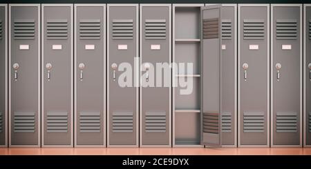 School, gym lockers, one open door empty. Students storage cabinets, gray color, closed metal doors with combination locks on pastel color floor backg Stock Photo