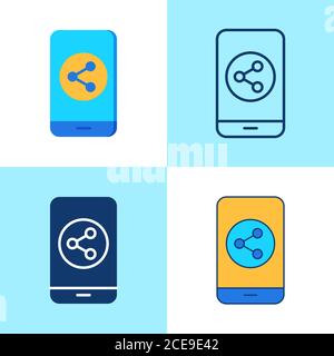 Social media icon set in flat and line style. Mobile phone with share symbol. Vector illustration. Stock Vector
