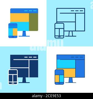 Responsive design icon set in flat and line style. Computer monitor and mobile phone with adaptive web site layout. Vector illustration. Stock Vector