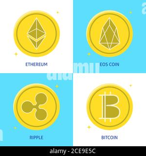 Cryptocurrency icon set in flat style. Altcoins and bitcoin. Ethereum ETH, Ripple and EOS digital coins. Vector illustration. Stock Vector