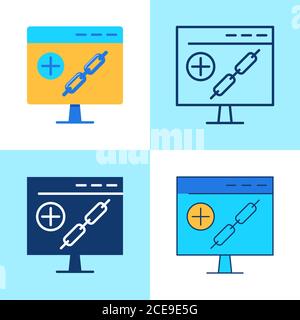 Link building icon set in flat and line style. SEO hyperlink optimization symbol. Website page with chain symbol. Vector illustration. Stock Vector