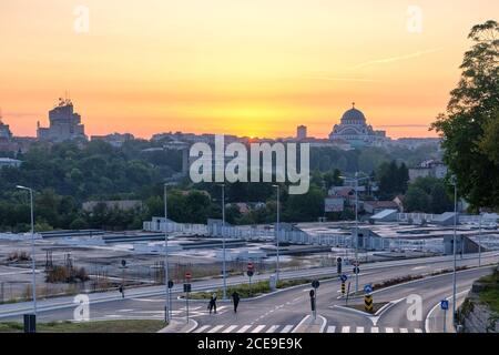 Belgrade / Serbia - July 27, 2019: Sunrise view cityscape of Belgrade, capital of Serbia, dominated by Serbian Orthodox Church of Saint Sava, one of t Stock Photo