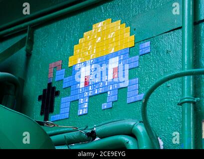 Hong Kong,China:29 Feb,2020.   Mosaic by French undercover artist Invader in Central Hong Kong,China. The work is on the outer wall of Lo Yau Kee (老友記 Stock Photo