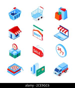 Online shopping and delivery - modern isometric icons set Stock Vector