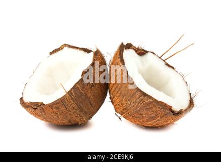 Two halves of coconut on white background Stock Photo