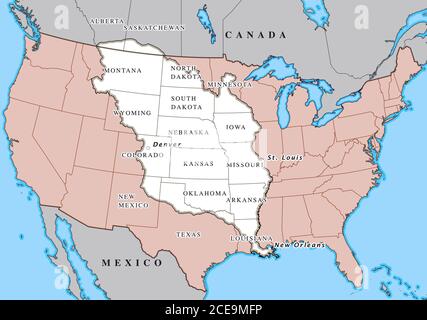Louisiana Purchase 1803 Stock - Louisiana Purchase Map Showing The Territories Highlighted In White Purchased By The United States From France In April 1803 2ce9mfp 