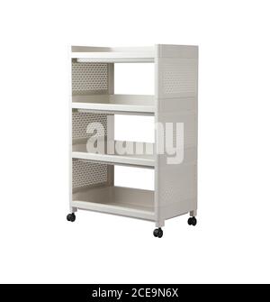 Plastic shelves rack with wheels isolated on white background Stock Photo