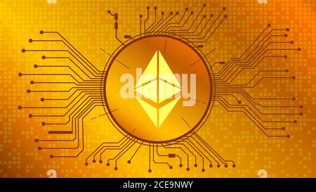 Ethereum cryptocurrency token symbol, ETH coin icon in circle with pcb on gold background. Digital gold in techno style for website or banner. Stock Photo