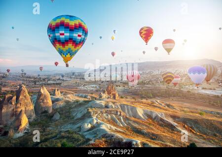 Hot air balloon flying over Cappadocia, Turkey Stock Photo
