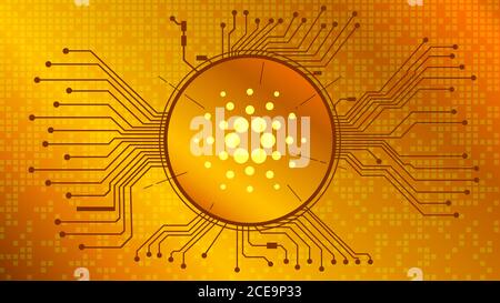 Cardano cryptocurrency token symbol, ADA coin icon in circle with pcb on gold background. Digital gold in techno style for website or banner. Vector. Stock Vector