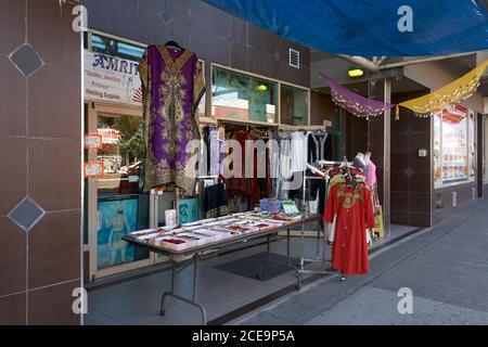 Women's fashions outside an Indian clothing shop in the Punjabi Market district on Main Street, Vancouver, BC, Canada Stock Photo