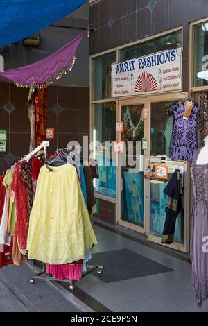 Women's fashions outside an Indian clothing shop in the Punjabi Market district on Main Street, Vancouver, BC, Canada Stock Photo