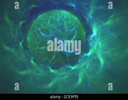 glowing green curved lines in shape of black hole over dark Abstract Background space universe. Illustration Stock Photo