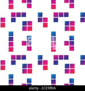 Colorful Tetris Shape Vector Illustration. Seamless Pattern Design Template. White, Pink Magenta, Purple, Blue, Multicolor Gradient Color Theme Stock Vector