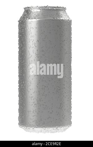Aluminium beer or soda mock up. Realistic blank metallic can covered by water drops isolated on white background. 3d illustratio Stock Photo