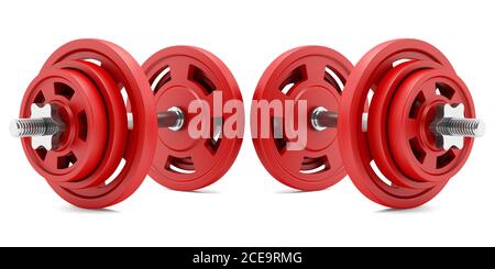two red dumbbells isolated on white background Stock Photo