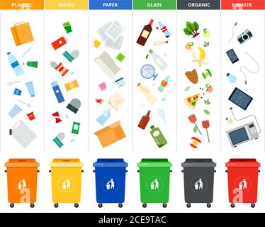 Set of sorting bins for garbage of different colors illustration in a flat design. Stock Vector